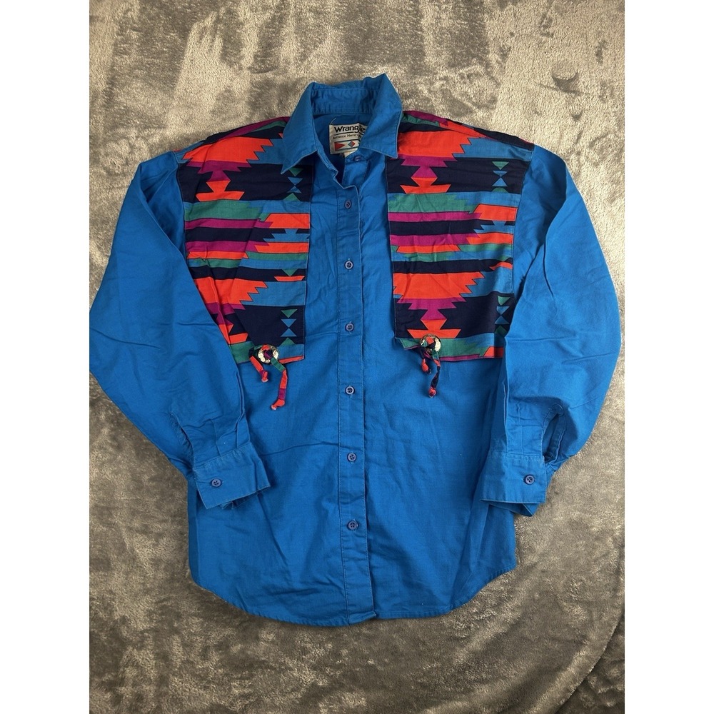 Vintage Cowgirl Wrangler Aztec Southwest Turquoise Small Rodeo Shirt Size Small